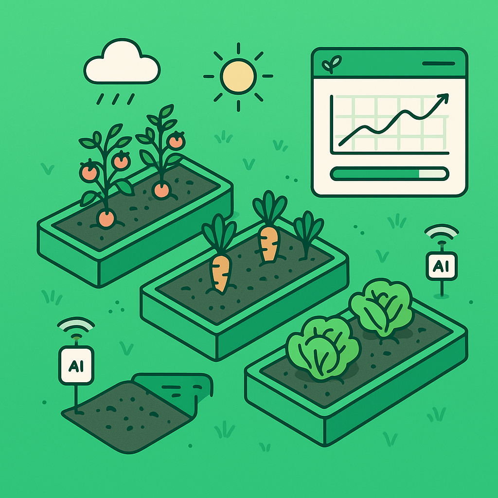 Smart garden planning with AI-powered insights, raised beds with vegetables, and monitoring tools